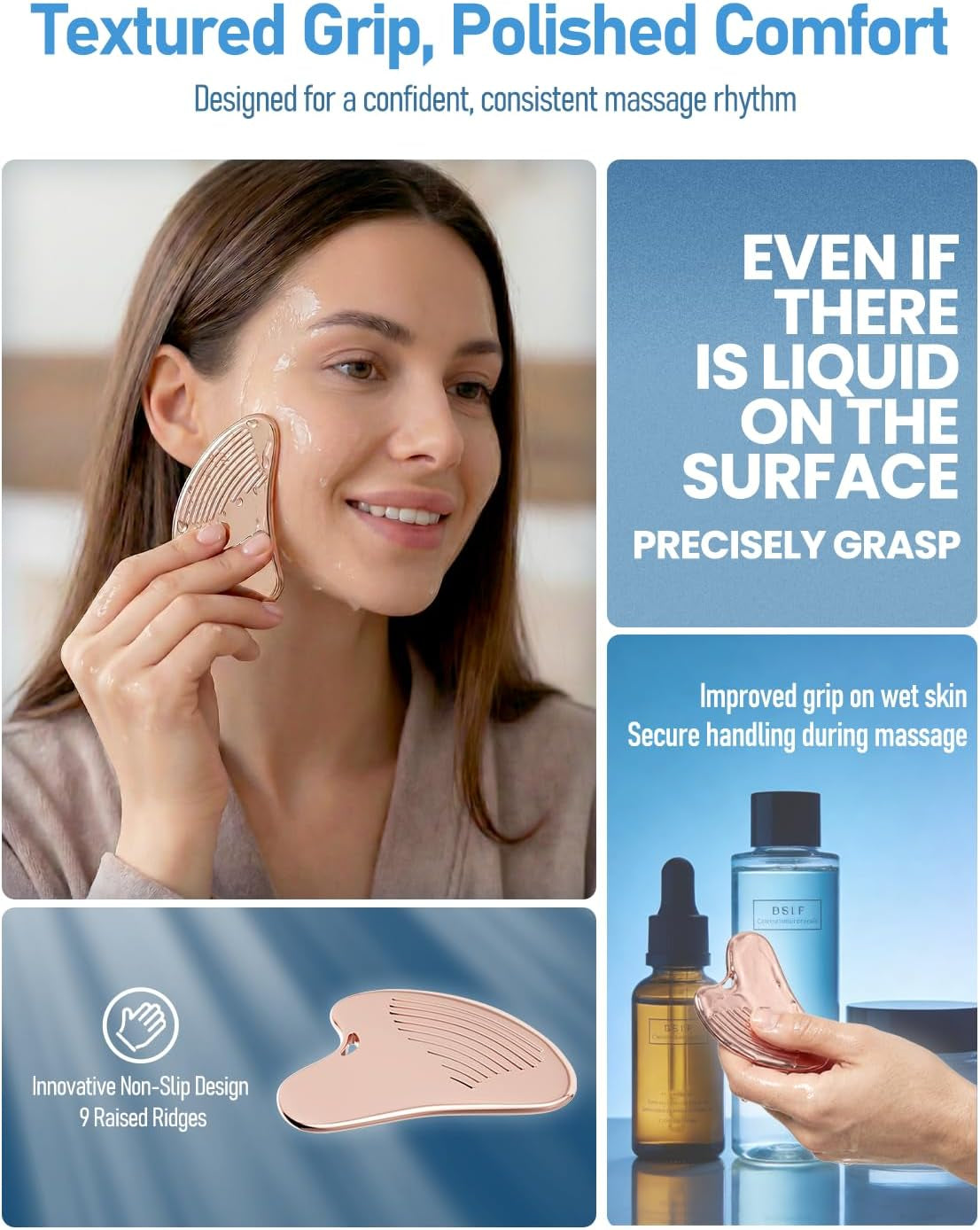 Non-Slip Grip Stainless Steel Gua Sha Tool for Face, 2026 Updated Ribbed Facial Guasha Massage Tool Cooling Metal Face Massager Scraper for Jawline Sculpting Cheeks & Chin, Present for Women Mother