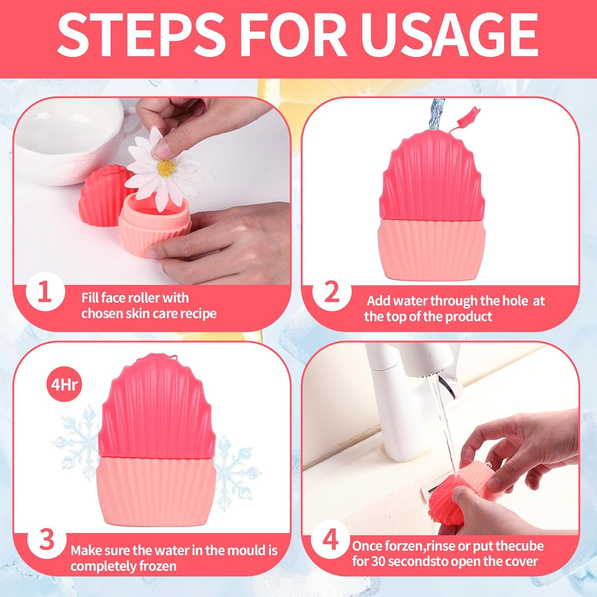 Ice Cube Roller for Face,Eyes and Neck,Reusable Silicone Ice Mold Mermaid Shell Shape for Shrink Pores anti Wrinkle and Skin Beauty Care,Reduce Migraine Pain,Gua Sha Face Massage Tools (Pink)